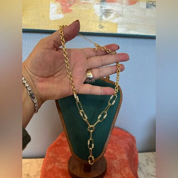 Elegant Gold Peperclip Carabiner Status Link Chain and AAAC CZ Necklace - Picture 2 of 3